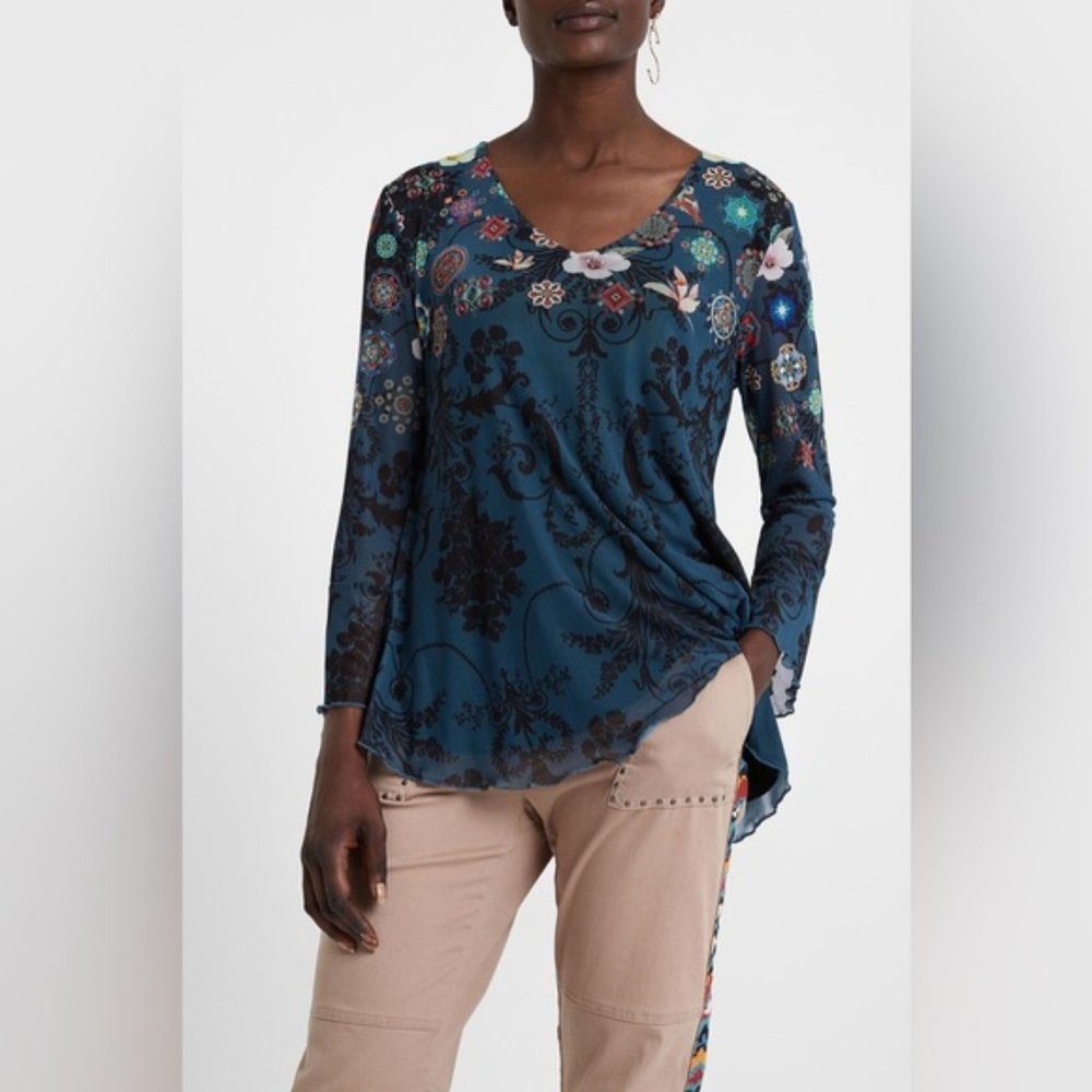 Desigual Multi-Layer Flounced T-shirt Floral Embellished Mesh Hi-Lo Blue Pattern